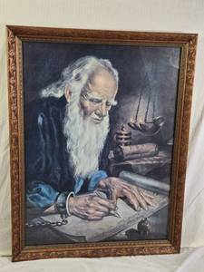 Framed Painting of an Elderly Man Writing