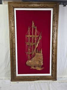 Wooden Ship Sculpture in Frame on Red Velvet Background  23.5x38.5