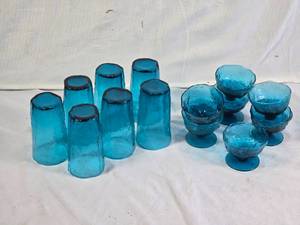 Vintage Blue Glass Tumblers and Dessert Dishes Set