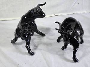 Black Ceramic Bull Figurines Set - About 8 Tall
