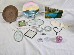 Decorative Home Decor Items including Painted Plates, Stained Glass, and Ornaments