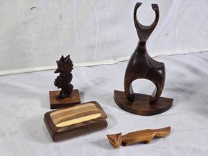 Set of Hand-Carved Wooden Sculptures and Box