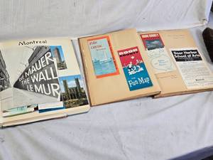 Travel Scrapbook with Brochures and Memorabilia from various destinations like Montreal, Door County, Disneyland, England, Belgium, Denmark, and more