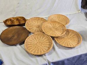 Wooden Serving Tray and Woven Paper Plate Holders