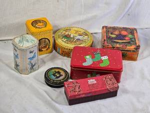 Assorted Decorative Tin Containers including Konge Tinn, The Singer Manufacturing Co., and Holiday Designs - All Empty