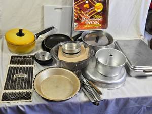 Vintage Kitchen Items including Wilton Performance Pans, Yellow Pot, and Assorted Cookware