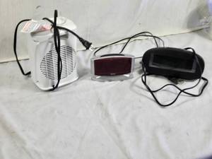 Sharp Digital Alarm Clock, Black Digital Alarm Clock, and Lasko Fan Heater