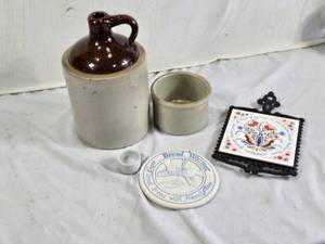 Stoneware Jug, Crock, and Bread Warmer Set with Decorative Trivet