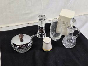 Crystal OilVinegar Cruet, Pepper Grinder, Sugar Bowl with Lid, Salt Shaker, and Etched Glass Vase