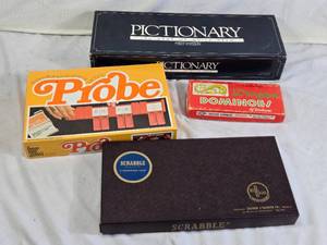 Pictionary First Edition, Scrabble, Probe, and Dragon Dominoes Board Games Set - Uncounted