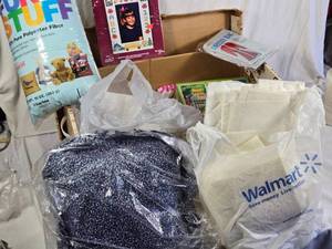Box of Craft Supplies Including Cross Stitch Fabric, Dress Bag, and Polyester Fiberfill