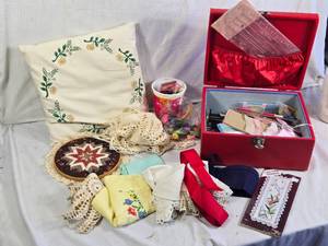 Vintage Sewing Box with Supplies and Embroidery Items