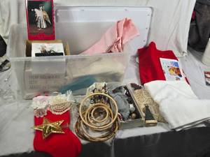 Christmas Decorations and Fabrics Lot including Angel Figure, Santa and Snowman Figurines, and Various Fabrics