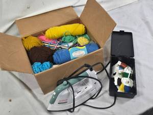 Box of Yarn and Knitting Needles, Sunbeam Iron, and Embroidery Thread Organizer