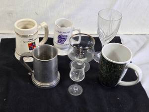 Assorted Drinkware Collection including Claremont Graduate School Mug, Geigy Agricultural Chemicals Stein, and 50th Anniversary Glass