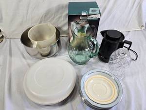 Crown Victoria 82 Oz. Glass Pitcher, Black Electric Kettle, and Assorted Kitchen Items