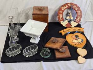 Various Decorative and Glass Items including Milk Glass Pedestal Bowl, Wooden Plaques, and Glassware