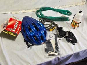 Bell Blue Bicycle Helmet, Raleigh Owners Manual, Locks, Gloves, and Water Bottle