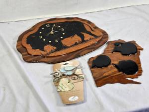 Wooden Bison Clock, Silhouette Art, and Pot Sticker Set