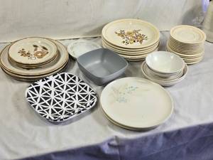 Vintage Dinnerware and Bowls with Floral Designs and Geometric Patterns