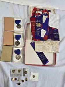 Awards and Memorabilia Collection including 4-H Ribbons 1950s Tama County Iowa, Music Pins, and Medals