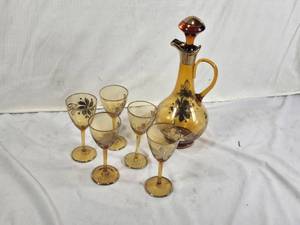 Set of Vintage Amber Glass Decanter and 5 Wine Glasses with Floral Design