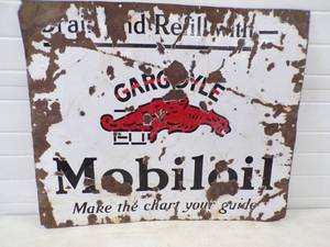 1930's Single Side Porcelain Mobil Oil Gargoyle Drain and Refill