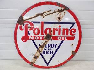 30" Porcelain Double Sided Polarine Motor Oil Sturdy and Rich Original 1940's