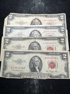 4 US RED SEAL $2 BILLS