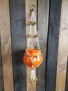 Super Rad Mid Modern Beaded Hanging Plant Holder and Orange Pot