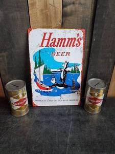 Hamms Beer Metal Sign and 2 Grain Belt Cans