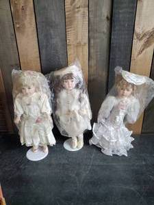 3 Solid Vintage Porcelain Dolls w Stands