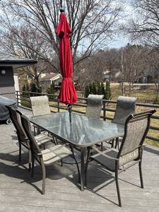 BY - Glass Top Patio Table with Six Chairs & Umbrella