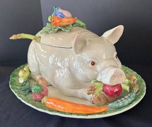 K - Vintage Fitz & Floyd French Market Pig Soup Tureen with Platter