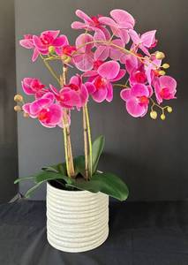 K - Pink Orchid Artificial Flower Arrangement In White Ribbed Pot