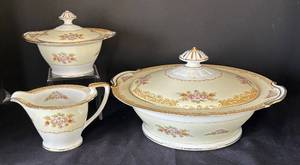K - Vintage Noritake Rosebud Covered Serving Bowl, Creamer Pitcher & Sugar Dish