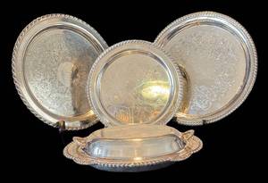 DR - Vintage Silver-Plated Serving Platter Set - 12-Inch Round Platters & Lidded Dish