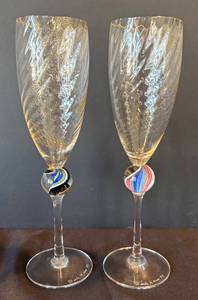 K - Two Signed Art Glass Champagne Flutes
