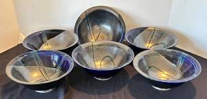 P - Set of 6 Artisan Crafted Pottery Bowls with Blue and Silver Glaze, Signed