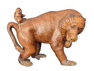 UL - Vintage Shanghai Handicrafts Macabo Wicker Monkey Sculpture With Baby