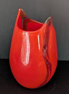 UL - Unsigned Art Glass Vase - Bright Orange-Red With Clear Twist Edge
