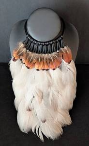 K - Feather Choker Necklace with Black Fringe & Brown-Orange Feathers