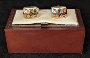 K - Faconnable Mens Enamel Cufflinks - Square Mosaic Orange & Teal