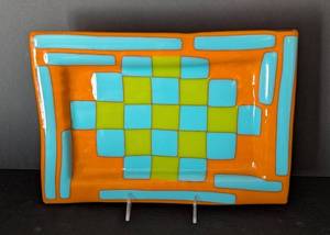UL - Abstract Art Glass Dish - Orange Border with Turquoise & Lime Squares