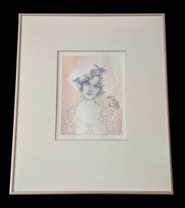 LB - Framed Vintage Portrait Print - Woman with Bird, Floral Border