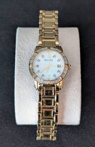 K - Bulova Womens Gold-Tone Diamond-Accent Watch