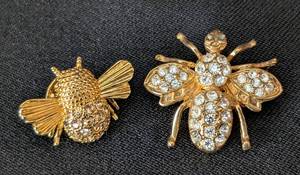 K - Gold Tone Bee Brooches with Clear Rhinestones (Lot of 2)