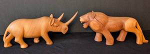 LB - Carved Wood Lion & Rhinoceros Figurines (Lot of 2)