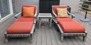 P - Smith & Hawken Teak Patio Chairs with Cushions & Ottomans, Side Table