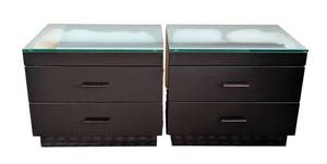 UL - Pair of Black Glass-Topped Nightstands - 2-Drawer